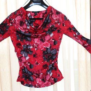 Style & Co Petites- Red, Black Floral Embellished Woman's Shirt -Size PS NWOT